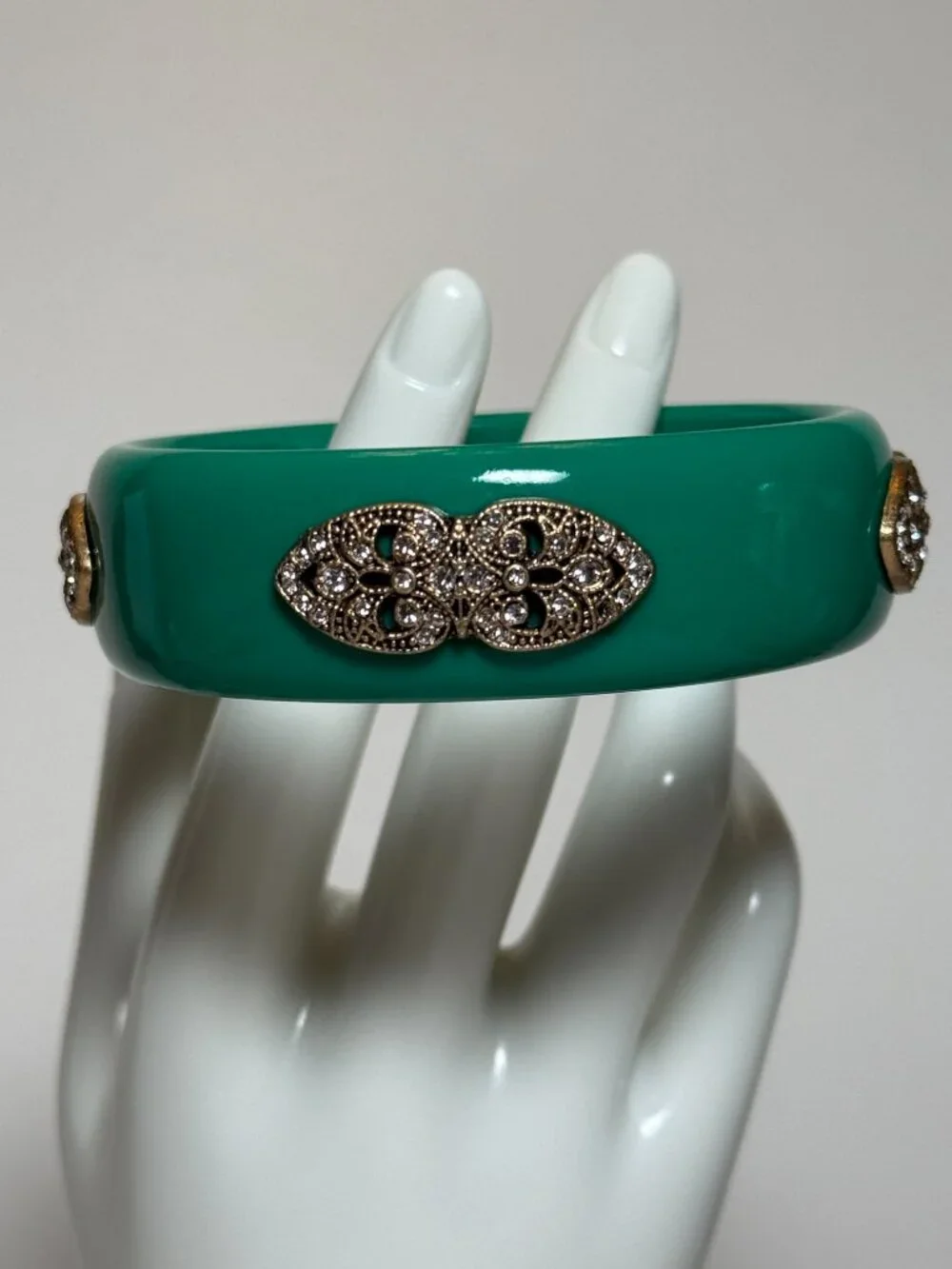 Green Teal Jeweled Cuff Bangle Bracelet Faux Diamond Jeweled Vintage Look
